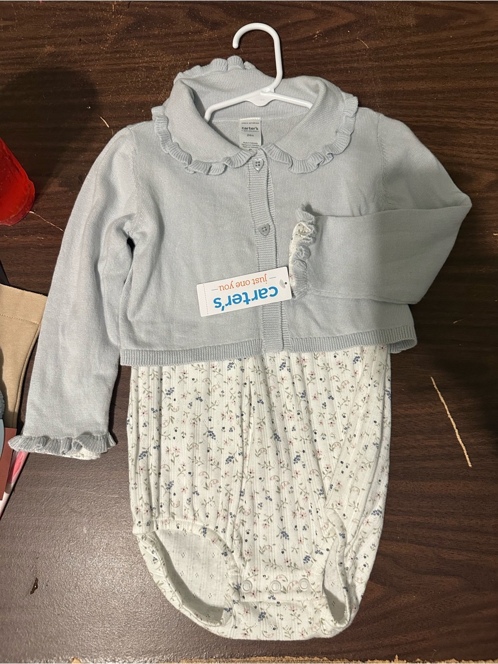 Carter's Pale Blue Knit Ruffle-Collar Cardigan with Floral Bodysuit
